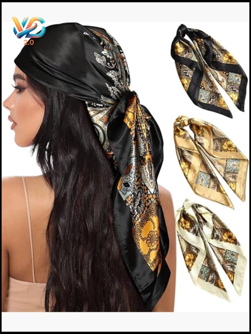 35 Inch Large Satin Square Head Scarf 3 Pack Hair Bandana Silk Feel Women